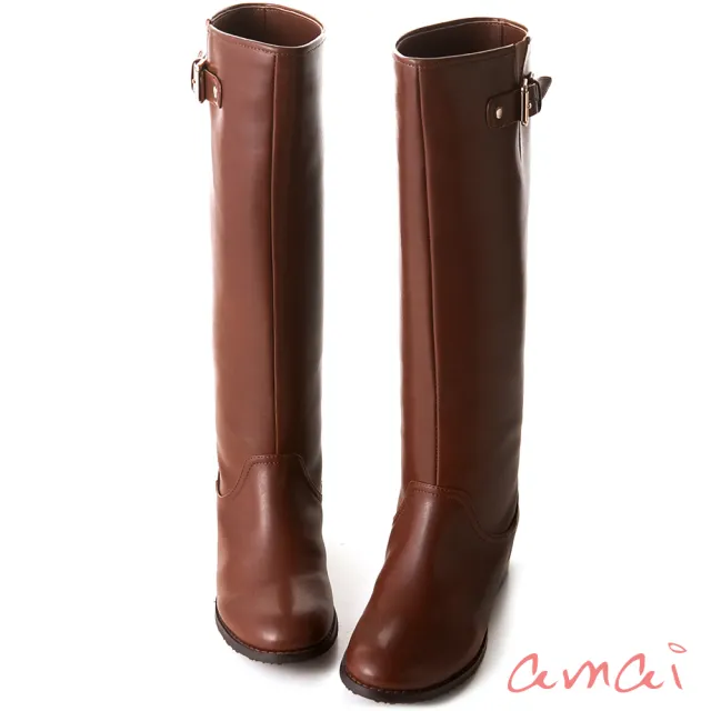 【amai】皮帶扣質感圓頭低跟長靴 高筒靴 長靴 低跟靴 長筒靴 大尺碼 AC101-11BN(咖啡色)