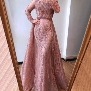 【女神婚紗禮服】高階U領遮臂奢華高級質感魚尾宴會晚禮服 LA70541 粉色(表演禮服 晚宴服)