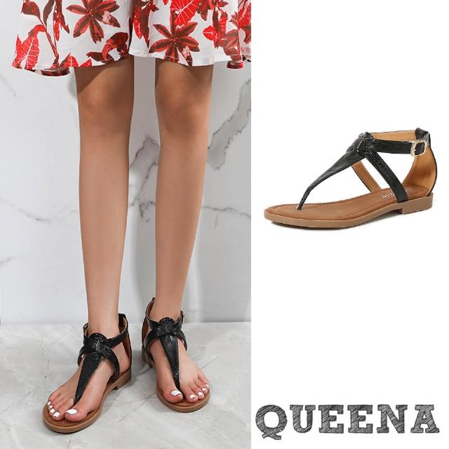 【QUEENA】低跟涼鞋 T字涼鞋/時尚歐美極簡蛇紋皮革T字帶造型低跟涼鞋(黑)