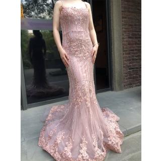 【女神婚紗禮服】高階無袖長款串珠亮片奢華宴會晚禮服 LA6139B 粉色(主持人 表演禮服)