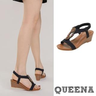 【QUEENA】坡跟涼鞋 羅馬涼鞋/波西米亞民族風木釦彩珠幾何造型坡跟羅馬涼鞋(黑)