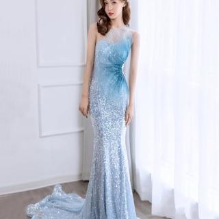 【女神婚紗禮服】高階奢華顯瘦人魚宴會晚禮服 LA70774 灰藍色(頒獎禮服 表演禮服)