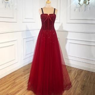 【女神婚紗禮服】高階酒紅色吊帶夢幻奢華網紗宴會晚禮服 LA70600(訂婚禮服 敬酒服)