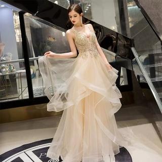 【女神婚紗禮服】高階粉色時尚氣質百褶裙宴會晚禮服 PLGZ-40 香檳色1903(婚紗攝影 旅拍)