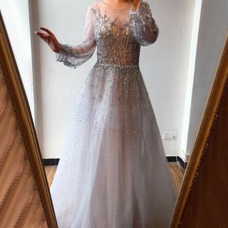 【女神婚紗禮服】高階仙氣夢幻銀灰色奢華長袖宴會晚禮服 LA70418(主持人 晚宴服)