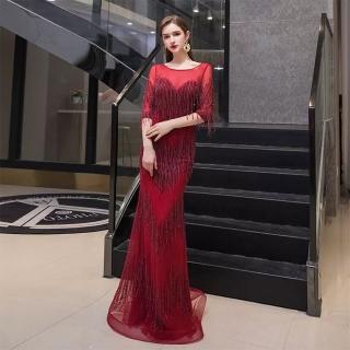 【女神婚紗禮服】高階時尚薄紗圓領魚尾宴會晚禮服 PLGZ-08 1954紅色(婚宴服 頒獎禮服)