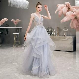 【女神婚紗禮服】高階百褶輕奢女王宴會晚禮服 PLGZ-30 1903灰藍色(婚紗攝影 派對)