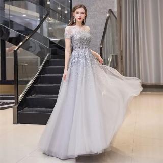 【女神婚紗禮服】高階薄紗圓領仙氣華麗宴會晚禮服 PLGZ-074 1984灰色(表演禮服 敬酒服)