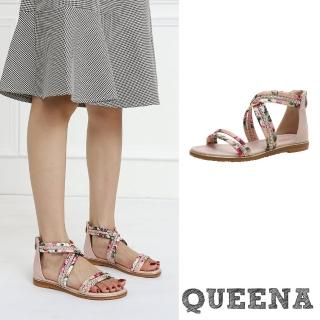 【QUEENA】低跟涼鞋 一字涼鞋/波西米亞民族風花布線繩編織一字交叉低跟涼鞋(粉)