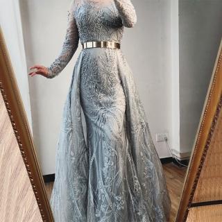 【女神婚紗禮服】高階U領遮臂奢華高級質感魚尾宴會晚禮服 LA70541 灰色(表演禮服 晚宴服)