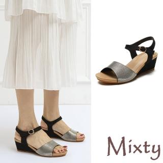 【MIXTY】坡跟涼鞋 魚口涼鞋/歐美復古金屬亮皮拼接魚口露趾坡跟涼鞋(黑)
