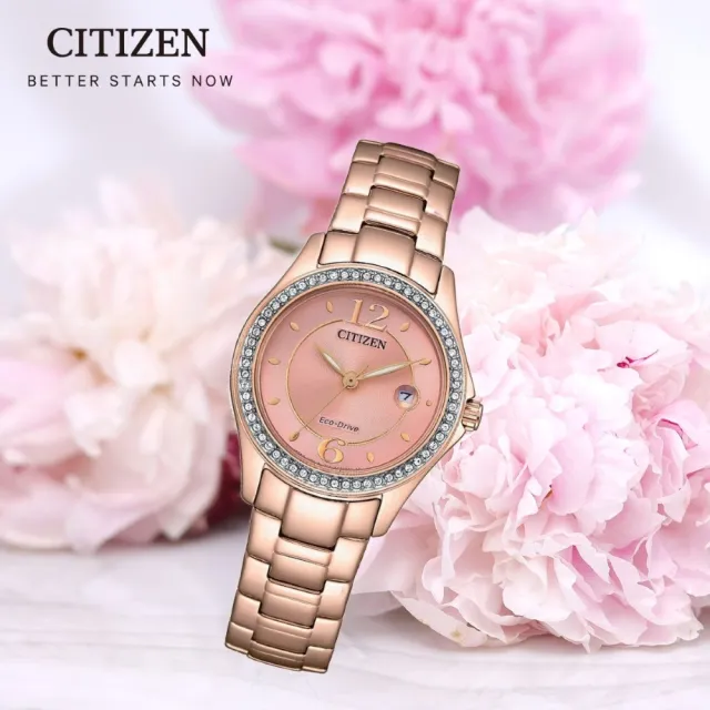 【CITIZEN 星辰】光動能 水晶奢華女錶-粉橘x玫瑰金(FE1252-82X)