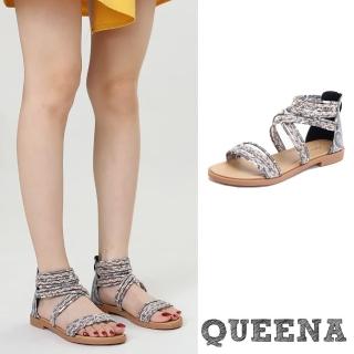 【QUEENA】低跟涼鞋 一字涼鞋/波西米亞民族風圖騰彩線編織一字交叉造型低跟涼鞋(黑)