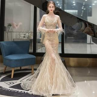 【女神婚紗禮服】高階夢幻羽毛金色魚尾宴會晚禮服 PLGZ-45 1946金色(新娘服 婚紗攝影)
