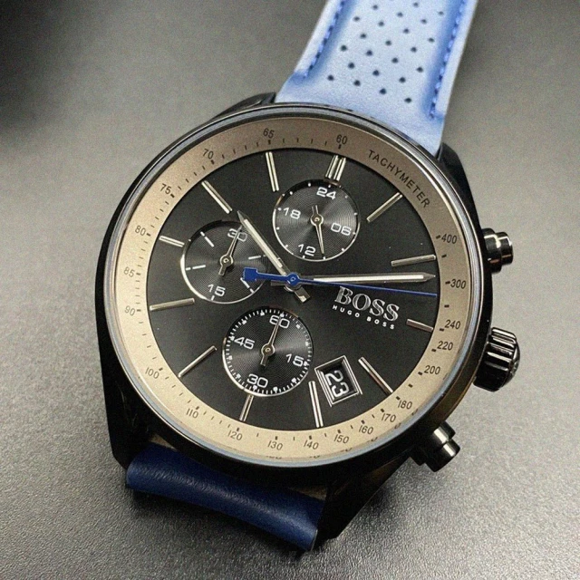【BOSS】BOSS手錶型號HB1513563(鐵灰錶面黑錶殼寶藍真皮皮革錶帶款)