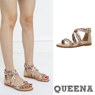 【QUEENA】低跟涼鞋 一字涼鞋/波西米亞民族風花布線繩編織一字交叉低跟涼鞋(杏)