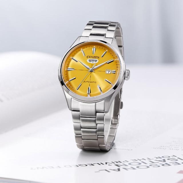 【CITIZEN 星辰】Mechanical 朝日馬卡龍極簡撞色機械錶-黃x銀/40.2mm 母親節限定(NH8391-51Z)
