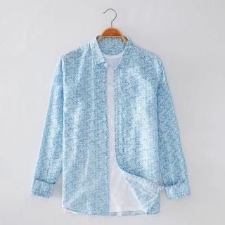 【米蘭精品】現貨+預購 亞麻襯衫長袖上衣(清新透氣印花男裝74ew15)