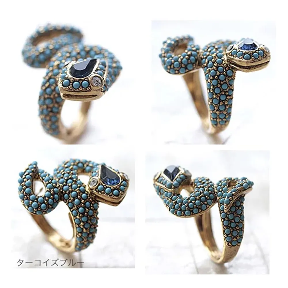【Kenneth Jay Lane】好萊塢巨星最愛 8造型 寶石蛇戒指 藍色(可調式彈性戒圍)