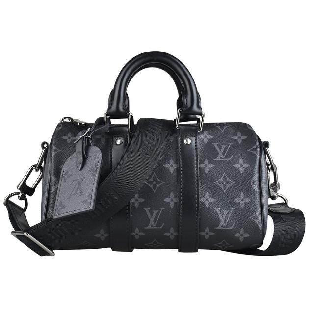 【Louis Vuitton 路易威登】KEEPALL BANDOULIERE 25經典花紋波士頓手提斜背包(灰黑)