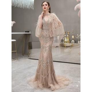【女神婚紗禮服】高階性感深V露背夢幻裙擺宴會晚禮服 PLGZ-24 藕色魚尾款+披肩(主持人 頒獎禮服)
