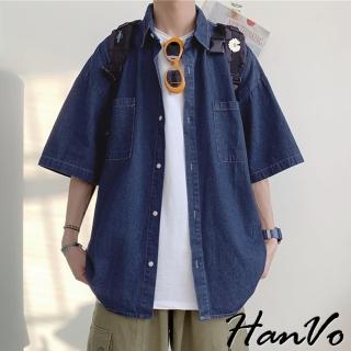 【HanVo】現貨 男款休閒寬鬆牛仔短袖襯衫(舒適透氣潮流復古工裝上衣 韓版夏季T恤 男生衣著 B01-1016)