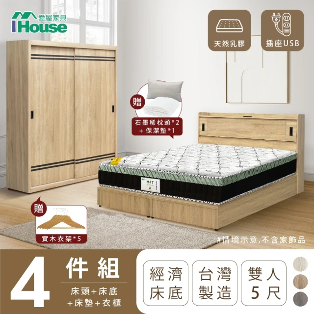 【IHouse】品田 房間4件組 雙人5尺(床頭箱+床底+床墊+衣櫃)