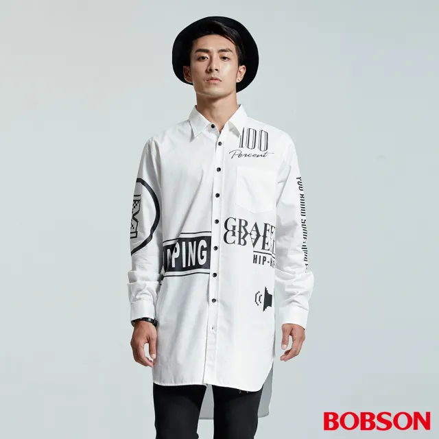【BOBSON】男款長型寬版印圖襯衫(白35048-80)
