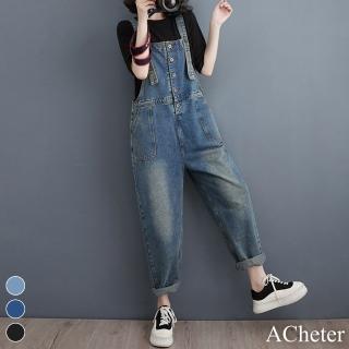 【ACheter】大碼寬鬆單排扣牛仔背帶寬鬆工作刷色經典吊帶長褲#118107(黑/藍/深藍)