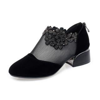 【JP Queen New York】水鑽花朵網紗絨面尖頭拉鍊低跟鞋(黑色)