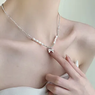【SUMMER一夏】韓國設計巴洛克珍珠碎銀蝴蝶結小眾設計項鍊(ins韓風)