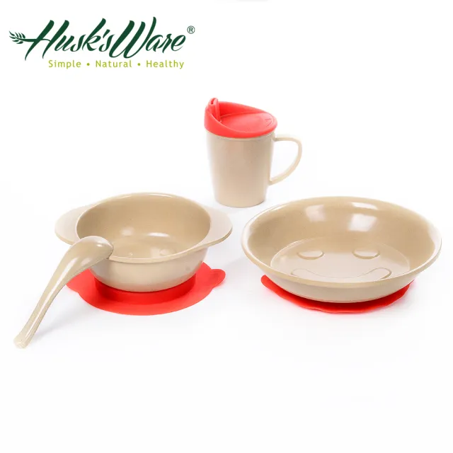 【美國Husk’s ware】稻殼天然無毒環保兒童餐具三件組-附贈湯匙(紅色)