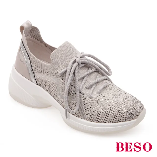 【A.S.O 阿瘦集團】BESO 飛織布拼接網布燙鑽厚底休閒鞋(淺灰色)