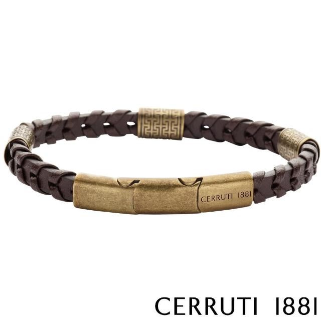 【Cerruti 1881】經典不鏽鋼皮革手環(CB0603 金咖啡色)