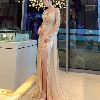 【女神婚紗禮服】極致披肩開叉華麗閃亮宴會晚禮服 LA70301 香檳色(走秀 表演禮服)