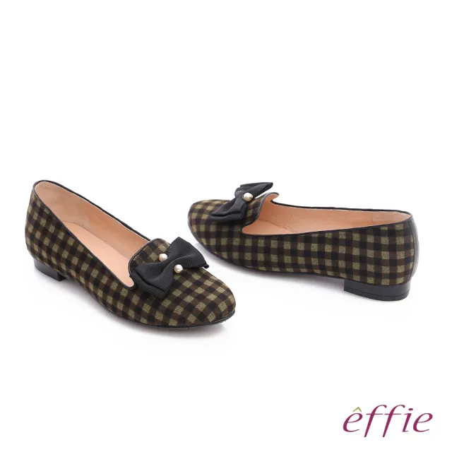 【effie】都會舒適 全真皮豔彩格紋拼接珍珠蝴蝶低跟鞋(橄欖綠)