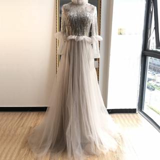 【女神婚紗禮服】高階九分袖夢幻拖尾裙擺宴會晚禮服 LA70147 焦糖色(訂婚禮服 主持人)