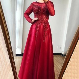 【女神婚紗禮服】極致優雅大氣長袖奢華新娘敬酒宴會晚禮服 LA70647 酒紅色(敬酒服 婚宴服)
