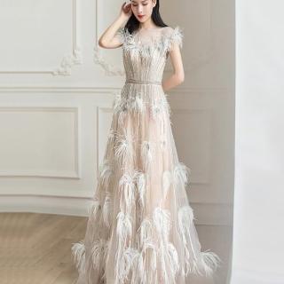 【女神婚紗禮服】高階羽毛名媛氣質夢幻禮服裙宴會晚禮服 LA60756(晚宴服 年會主持人)