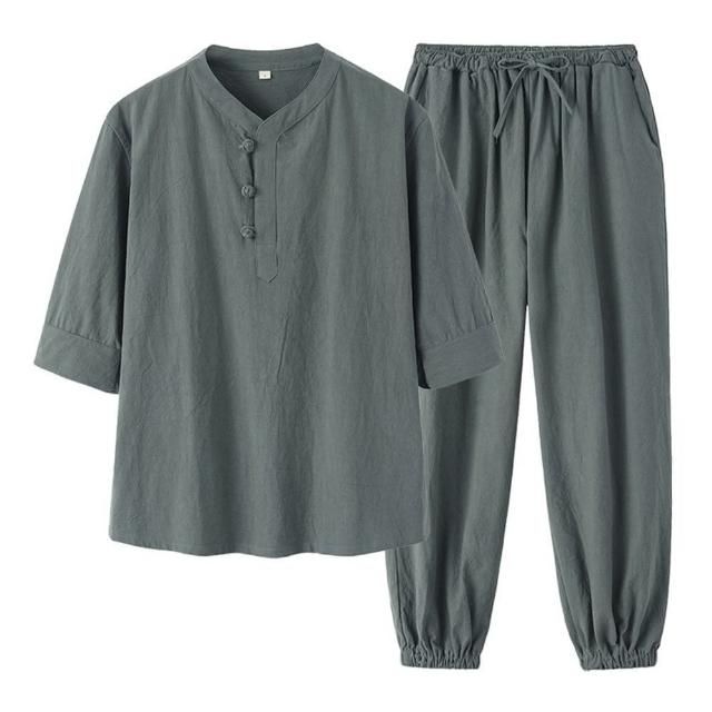 【巴黎精品】現貨+預購 新中式 唐裝漢服套裝兩件套(中國風寬鬆短袖亞麻棉麻長褲男套裝7色a1bx34)