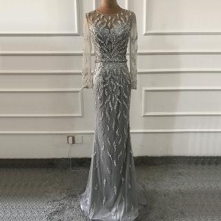 【女神婚紗禮服】高階大氣魚尾長袖奢華宴會晚禮服 LA60892 灰色(主持人 媽媽服)