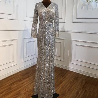 【女神婚紗禮服】高階長袖名媛氣質亮片流蘇魚尾宴會晚禮服 LA70784 銀色(主持人 媽媽服)