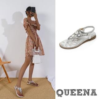 【QUEENA】平底涼鞋 美鑽涼鞋/復古華麗寶石縷空美鑽鑲嵌夾腳平底涼鞋(銀)