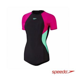 【SPEEDO】女 運動短袖連身泳裝 Colourblock(黑/粉紫/綠)