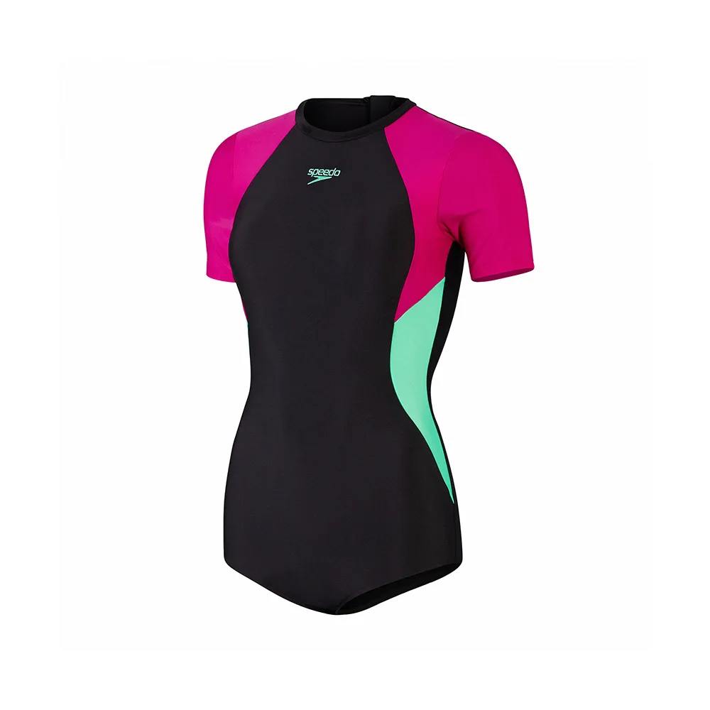 【SPEEDO】女 運動短袖連身泳裝 Colourblock(黑/粉紫/綠)