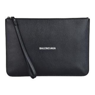 【Balenciaga 巴黎世家】BALENCIAGA燙印白字LOGO小牛皮拉鍊手提/手拿包(黑)