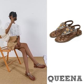 【QUEENA】平底涼鞋 美鑽涼鞋/復古華麗寶石縷空美鑽鑲嵌夾腳平底涼鞋(棕)