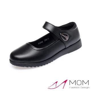 【MOM】真皮娃娃鞋 平底娃娃鞋/真皮小圓頭淺口魔鬼粘美鑽葉片釦飾平底娃娃鞋(黑)