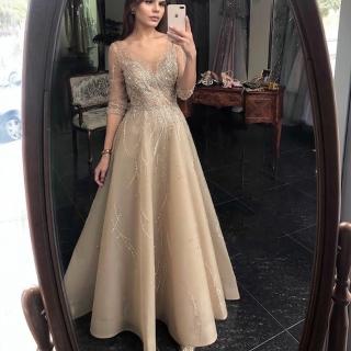 【女神婚紗禮服】極致大氣金七分袖奢華長款宴會晚禮服 LA70823(頒獎禮服 晚宴服)