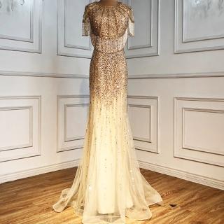 【女神婚紗禮服】極致奢華金色流蘇漸層縫珠優雅人魚宴會晚禮服 LA70051(主持人 媽媽服 拉鍊款)